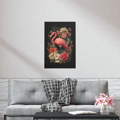 A graceful flamingo, depicted in intricate detail - Vintage Botanical Flamingo Poster