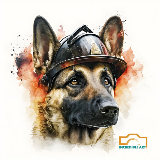 Watercolor portrait of german shepherd wearing a firefighter helmet-  wall art