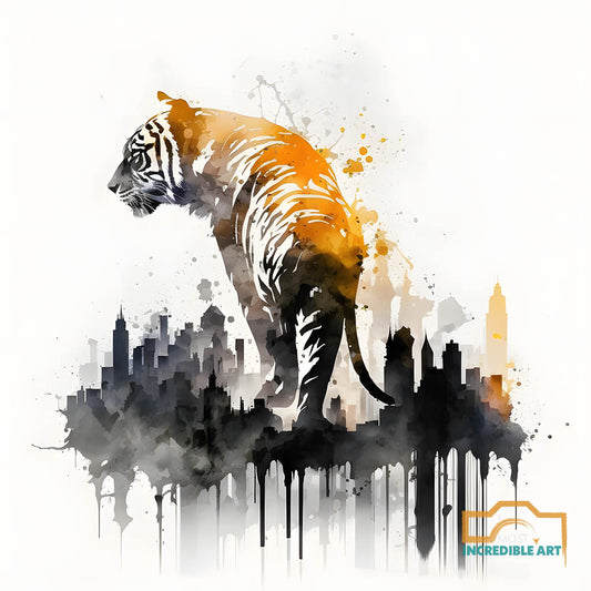 Tiger staring fascinated stepping on the city rear view - Wall Art