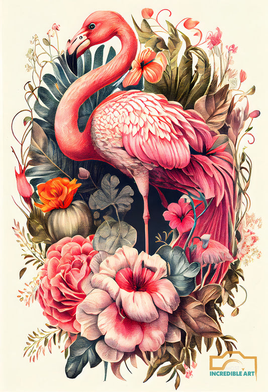 Vintage botanicals with flamingo surrounded by exotic flowers V2