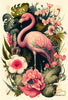 A classic botanical design featuring a flamingo amidst exotic blooms.