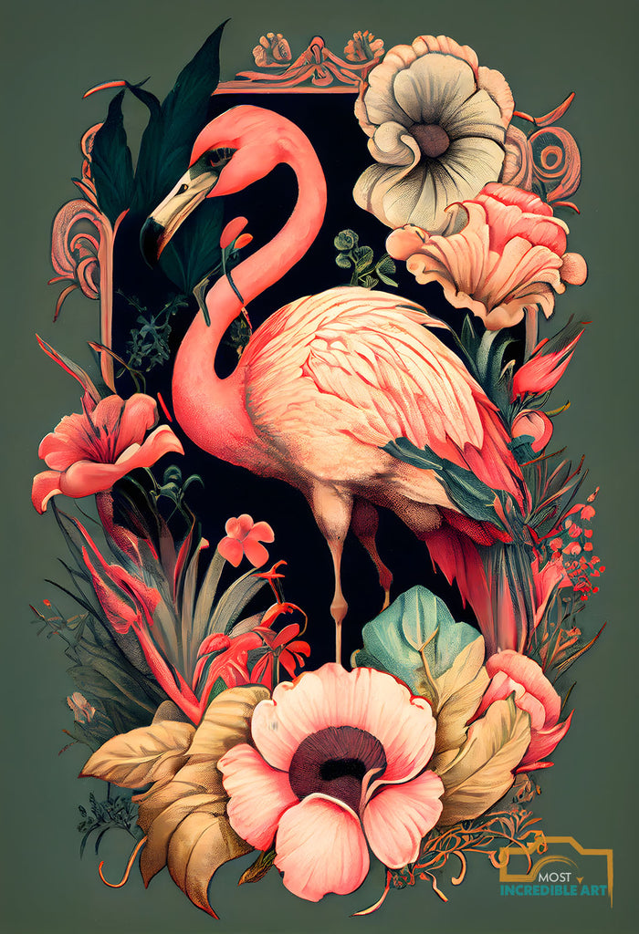 A Flamingo surrounded by exotic flowers | Vintage botanicals