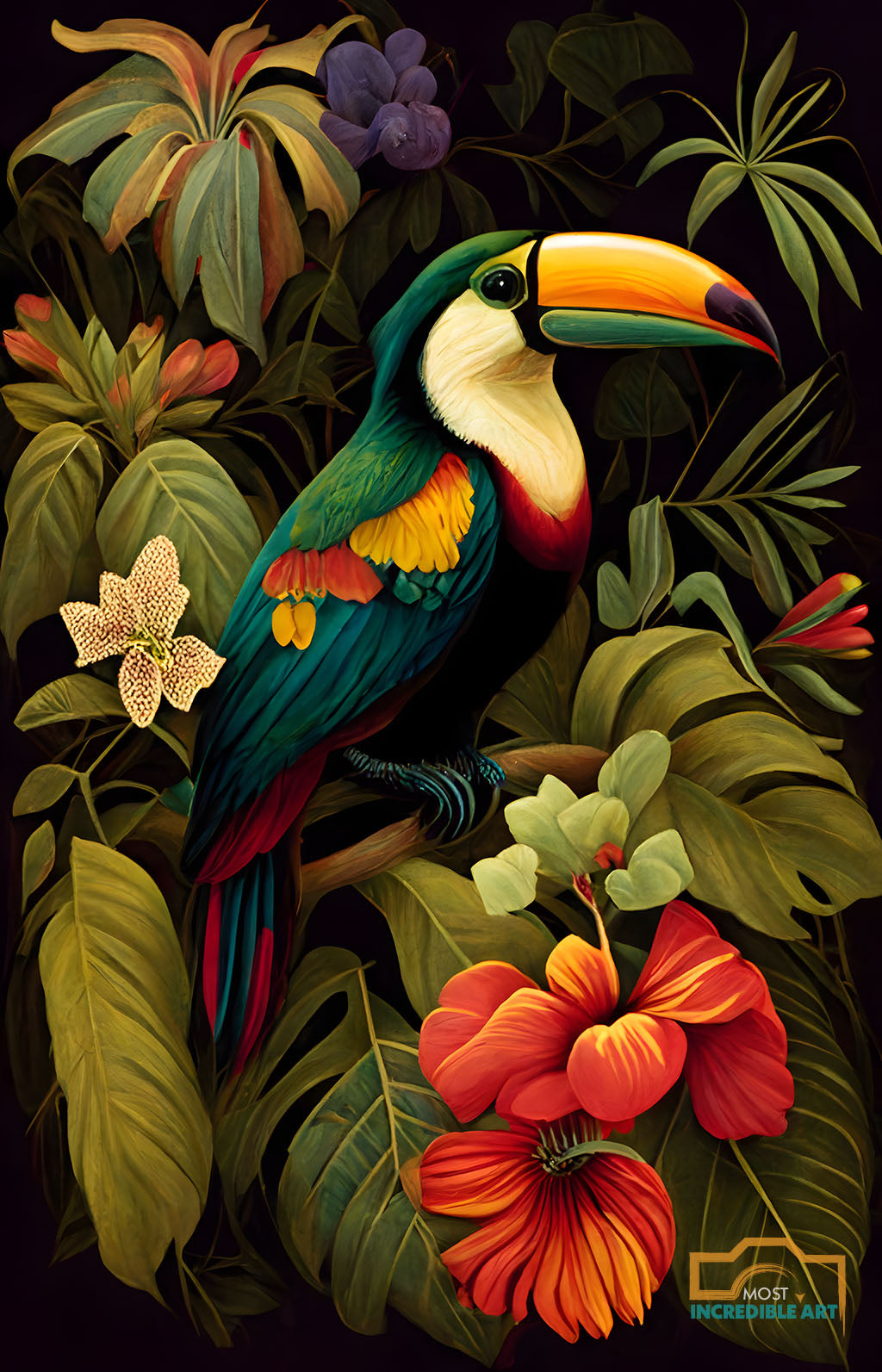 Beautiful Toucan surrounded by exotic flowers | Vintage botanicals