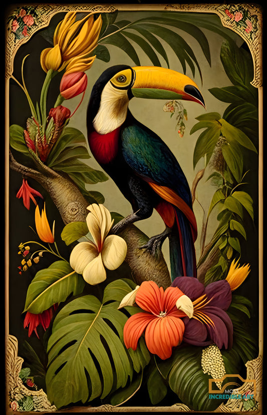 Beautiful exotic flowers with a Tropical Toucan | Vintage botanicals